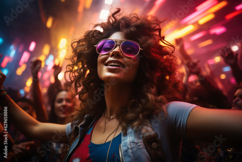 Beautiful happy cute young woman dancing at a nightclub party  disco girl having fun with friends