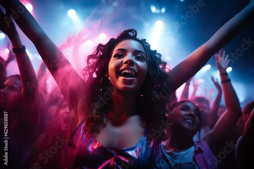 Beautiful happy cute young woman dancing at a nightclub party, disco girl having fun with friends