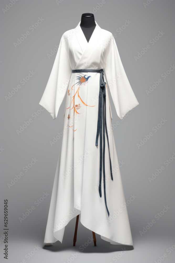 A white dress with a blue sash on a mannequin. Digital image.