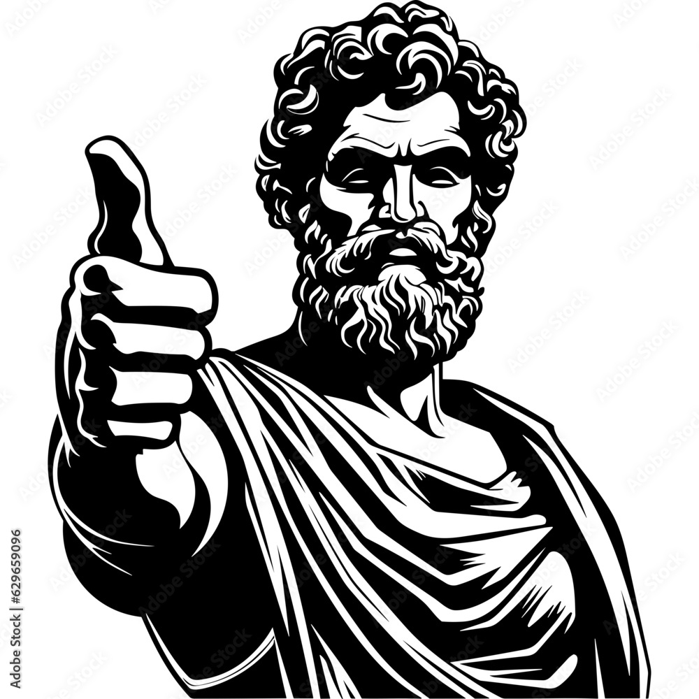 Ancient greek philosopher thumbs up statue sculpture black silhouette vector - obrazy, fototapety, plakaty 