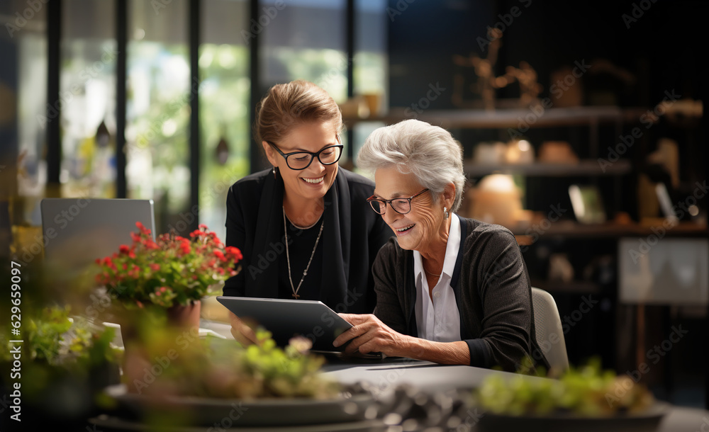 Elegant women, looking like mother and daughter, laughing while watching something on tablet screen in home environment. Elderly people and technology.