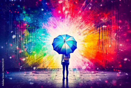Personne tenant un parapluie sous une pluie colorée et un arc en ciel de couleurs - Générative ia photo