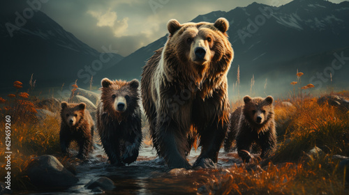 Misty Wilderness: Mother Bear and Cubs Embark on an Adventure. Generative AI