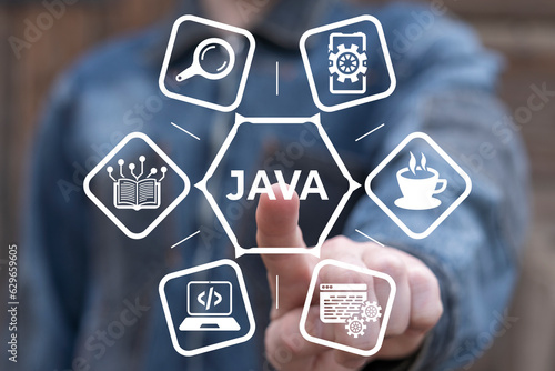 Man using virtual touch screen presses word: JAVA. Education, business, technology concept of java programming language. Web development software technology. photo