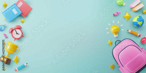 Back to School background template with school backpack,pencil,books, alarm clock and Education elements in flat lay style, 3D Illustration.Vector illustration eps 10.