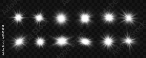 Set of bright light effects.Beautiful stars on the background.   