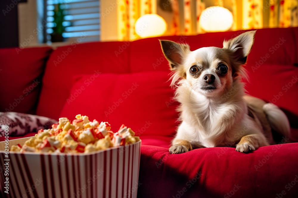 Cute Chihuahua Dog Watching TV on Red Sofa - Created with generative AI ...