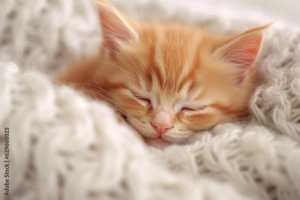 Cute Little Red Kitten Sleeping on Fur White Blanket - Created with generative AI tools Cute Little Red Kitten Sleeping on Fur White Blanket - Created with generative AI tools