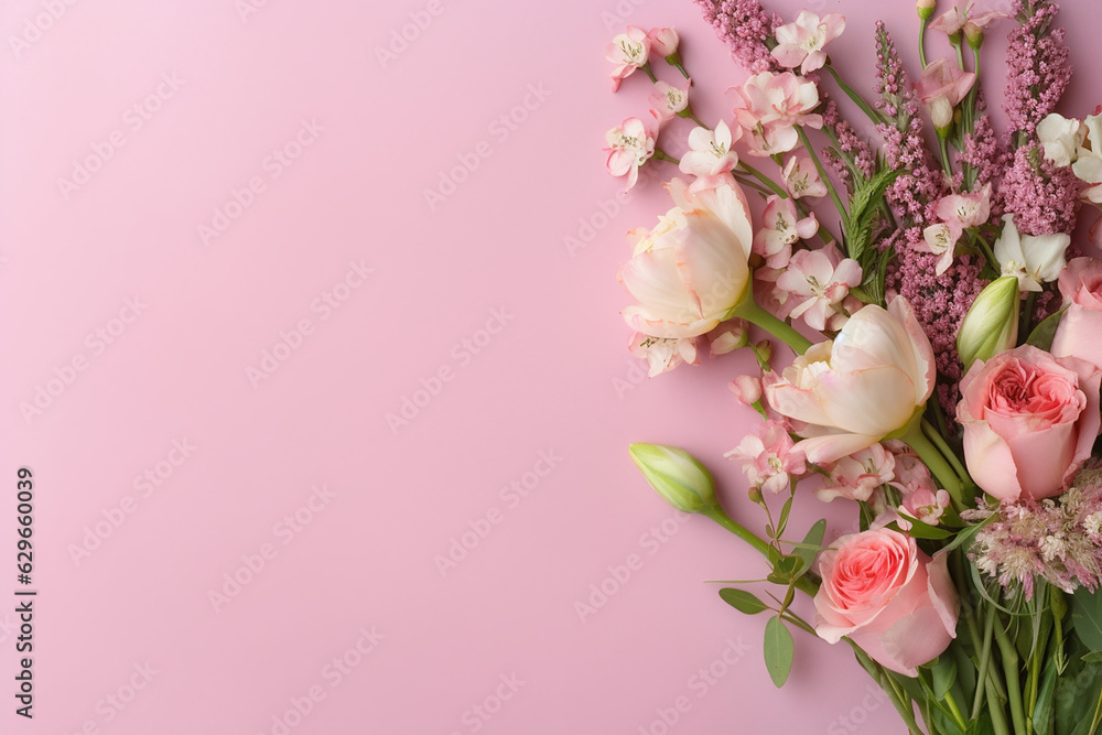 Naklejka premium Delicate Floral Background with Pink Ranunculus and Lily of the Valley - Created with generative AI tools