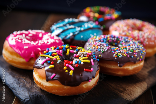 Colorful Donuts on White Wood Background - Created with generative AI tools © ThePixelCraft