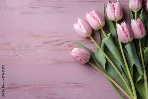 Elegant Pink Tulips Over Light Pink Wooden Table - Created with generative AI tools