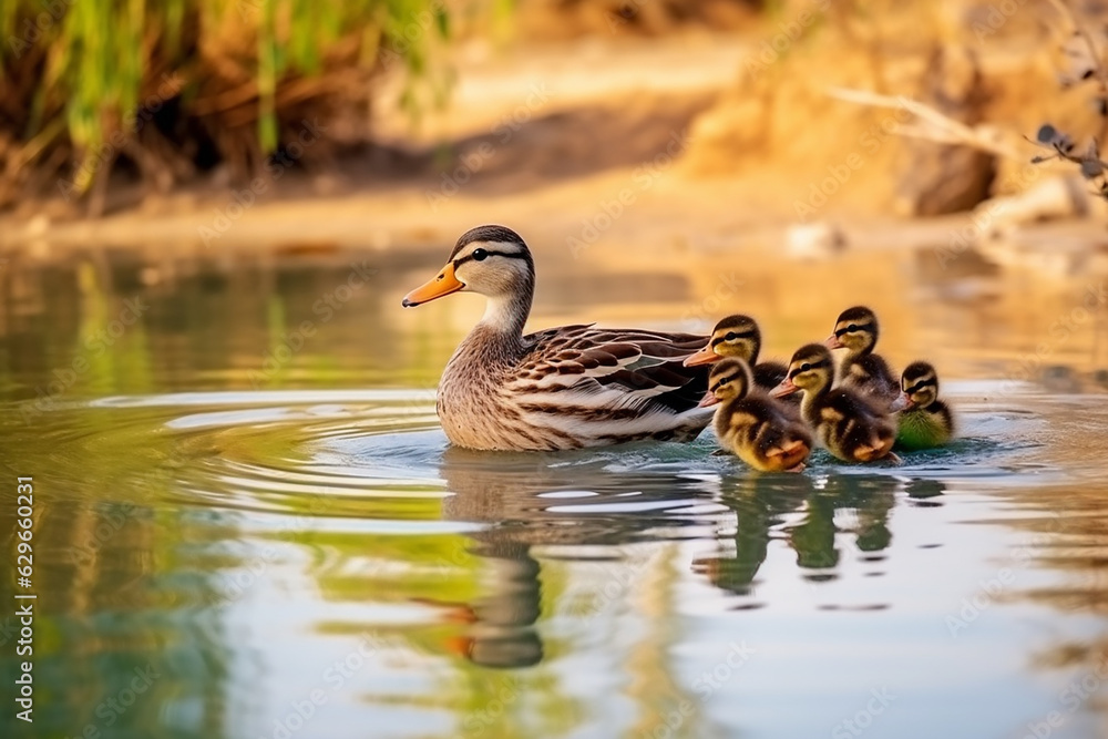 Mud Mallard Female with Little Ducklings in a Living Nat - Created with generative AI tools Mud Mallard Female with Little Ducklings in a Living Nat - Created with generative AI tools