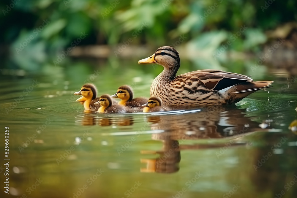 Fototapeta premium Mud Mallard Female with Little Ducklings in a Living Nat - Created with generative AI tools