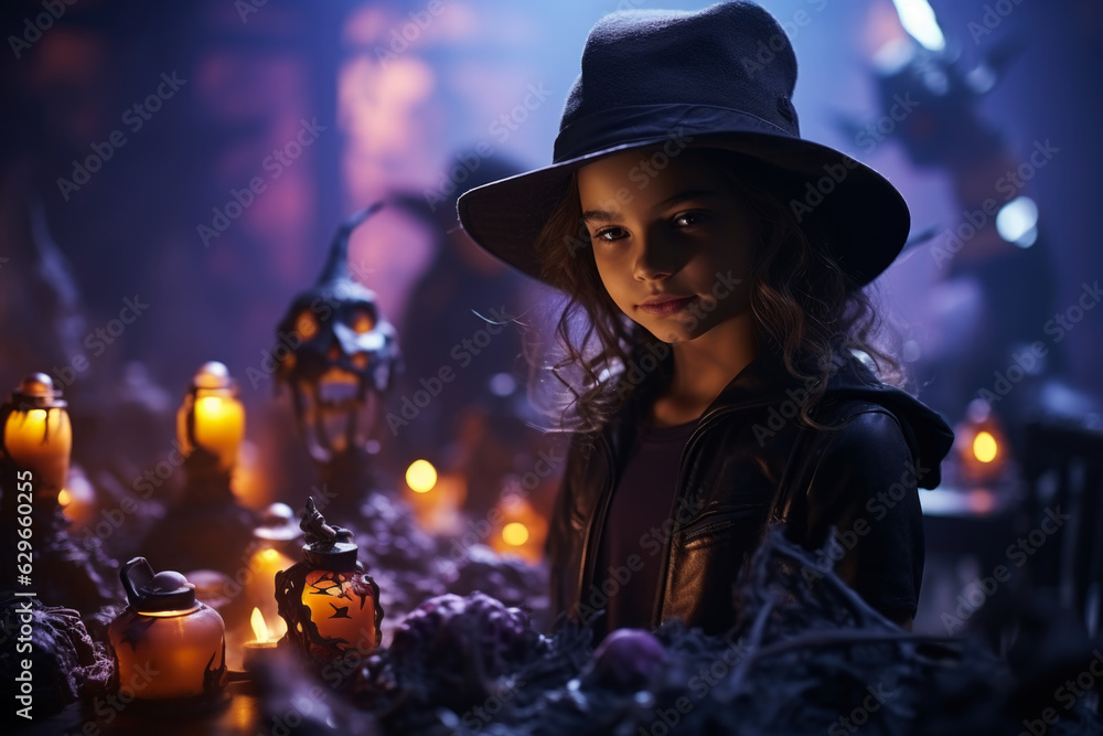 Happy girl make Halloween decorations at home and preparing for autumn holiday, children making Jack-o-Lantern Happy girl make Halloween decorations at home and preparing for autumn holiday, children making Jack-o-Lantern