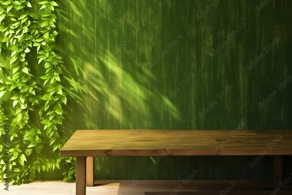 Natural Wood Table with Green Wall Background and Sunlight Window - Created with Generative AI Tools Natural Wood Table with Green Wall Background and Sunlight Window - Created with Generative AI Tools