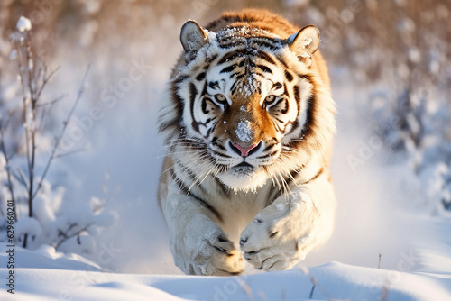 Majestic Siberian Tiger Running in Snow - Created with generative AI tools