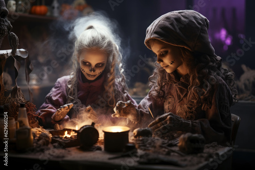 Happy kids make Halloween decorations at home and preparing for autumn holiday, children making Jack-o-Lantern together