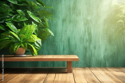 Natural Wood Table with Green Wall Background and Sunlight Window - Created with Generative AI Tools