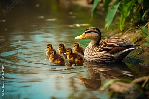 Mud Mallard Female with Little Ducklings in a Living Nat - Created with generative AI tools
