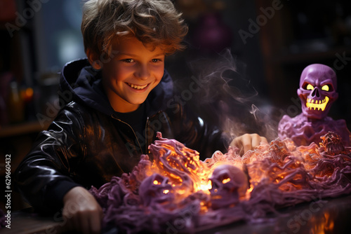 Happy boy make Halloween decorations at home and preparing for autumn holiday, children making Jack-o-Lantern