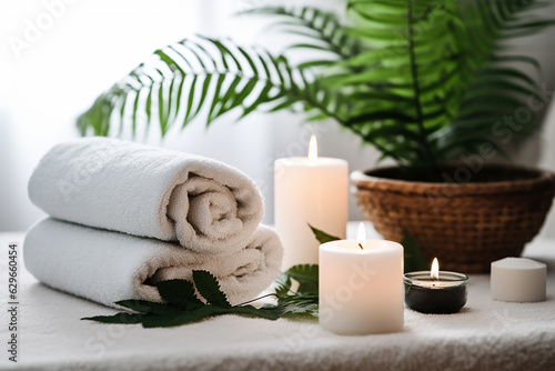 Relaxing Spa Setting with Towel, Fern, Candles, and White Hot Stone - Created with Generative AI Tools