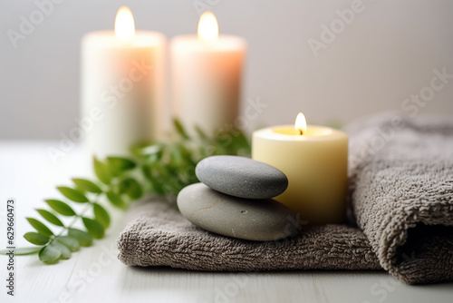 Relaxing Spa Setting with Towel  Fern  Candles  and White Hot Stone - Created with Generative AI Tools