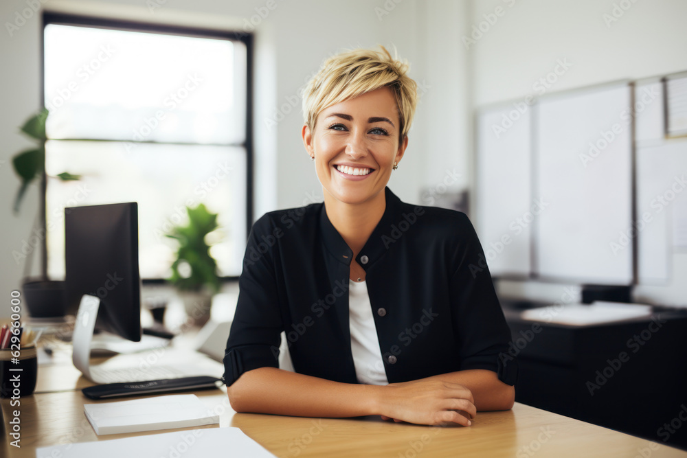 Jeune femme blonde cheveux court assis à son bureau, souriante et dynamique, veste noire Jeune femme blonde cheveux court assis à son bureau, souriante et dynamique, veste noire