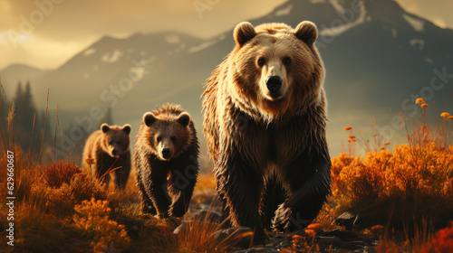 Misty Encounters: A Mother Bear and Her Playful Cubs Explore the Wilderness. Generative AI © Sascha