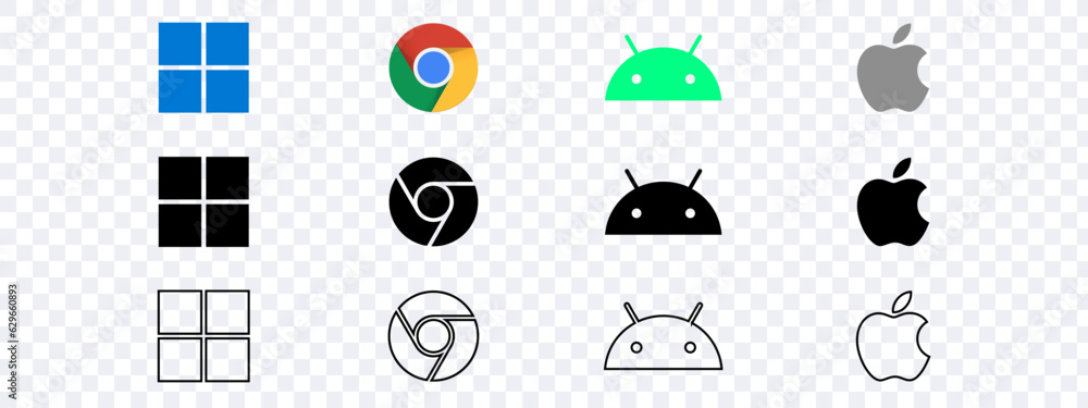 Set of modern famous logos of OS, Windows, MacOS, IOS, Android ...
