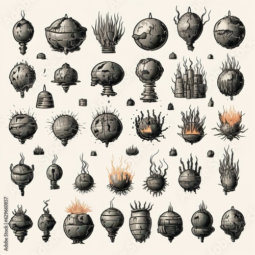 set of black and white explosive blast bomb drawing
