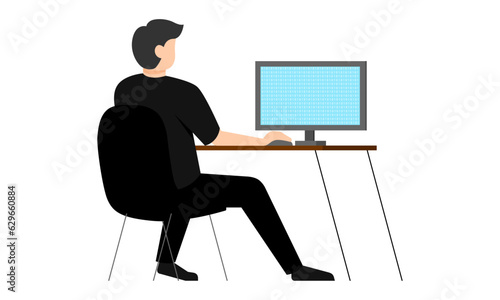 man working at a wooden table on a laptop vector eps 10 graphic