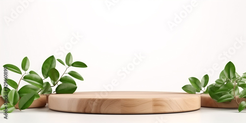Wooden product display podium with blurred nature leaves on white background. 3D rendering © ckybe