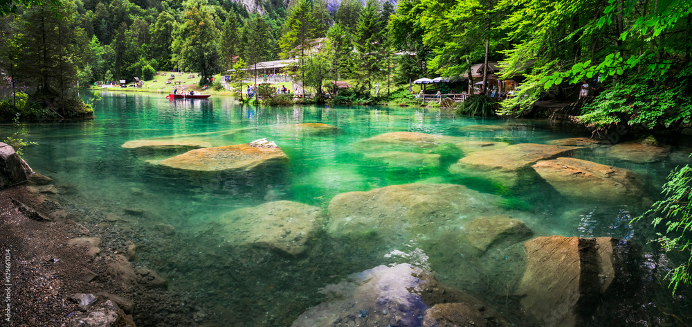 Naklejka premium Blausee - one of the most beautiful lake in Europe, located in Switzerland, canton Berne. famous with emerald clear and trasparent waters , surrounded by Alps mountains . Popular tourist destination