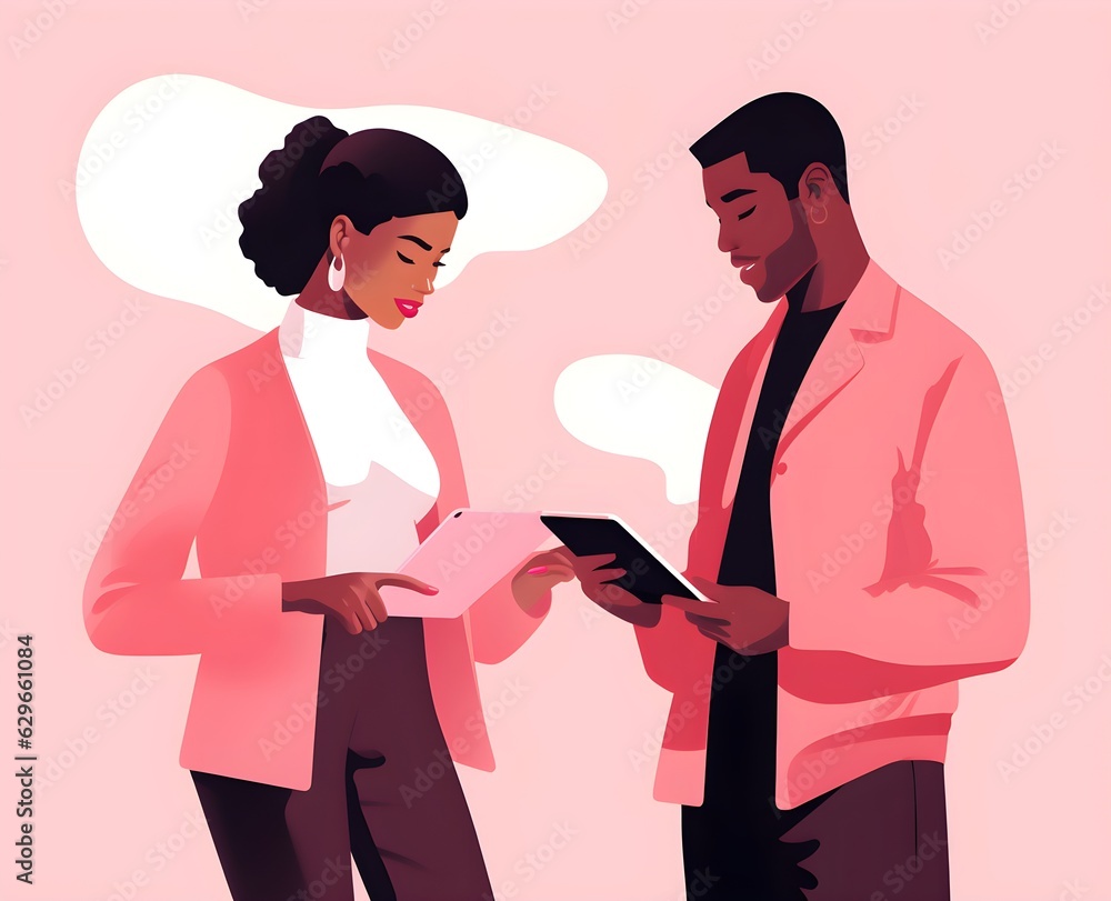 Young happy man and woman using phones and laptops. Simple design colorful illustration created with Generative AI technology Young happy man and woman using phones and laptops. Simple design colorful illustration created with Generative AI technology