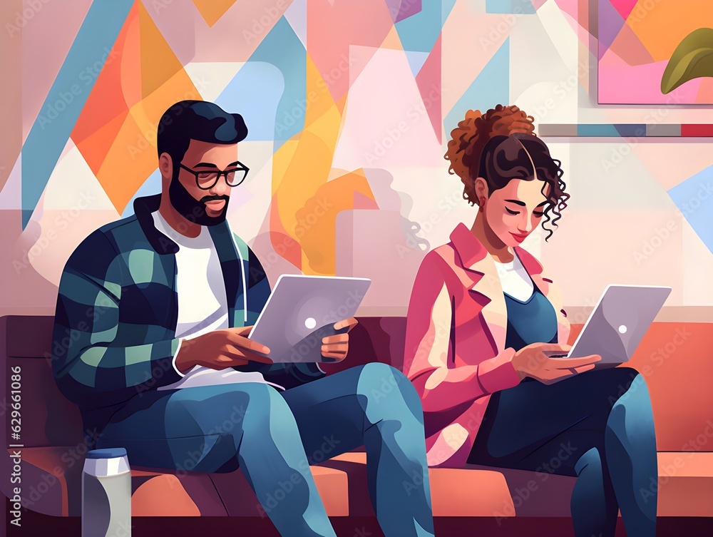Young happy man and woman sitting on a couch both using phones and laptops. Simple design colorful illustration created with Generative AI technology Young happy man and woman sitting on a couch both using phones and laptops. Simple design colorful illustration created with Generative AI technology