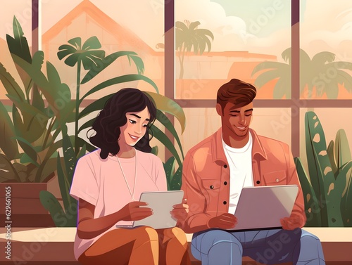 Young happy man and woman sitting on a couch both using phones and laptops. Simple design colorful illustration created with Generative AI technology 