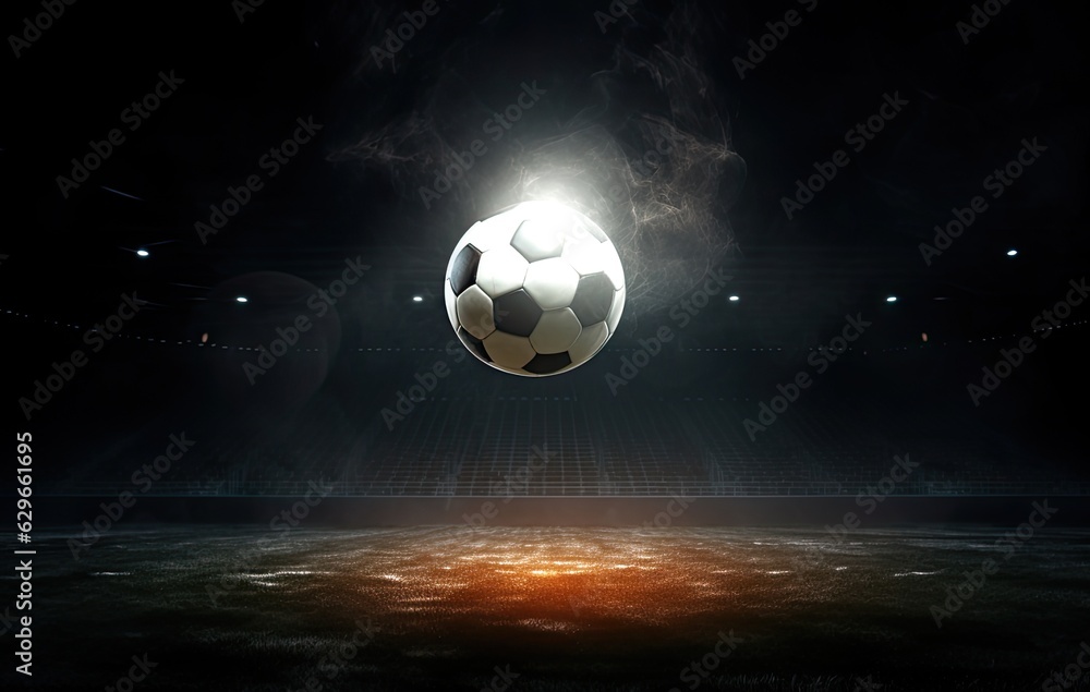 Fototapeta premium textured free soccer field in the evening light center, midfield with the soccer ball. Created with Generative AI technology.