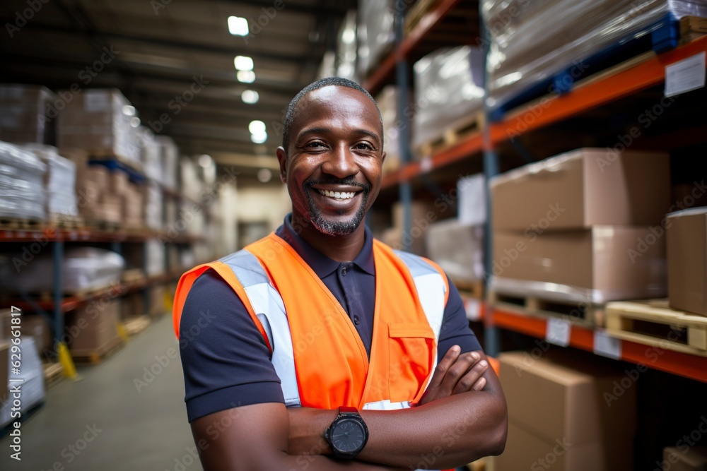 warehouse worker posing at work while smiling at the camera warehouse worker posing at work while smiling at the camera