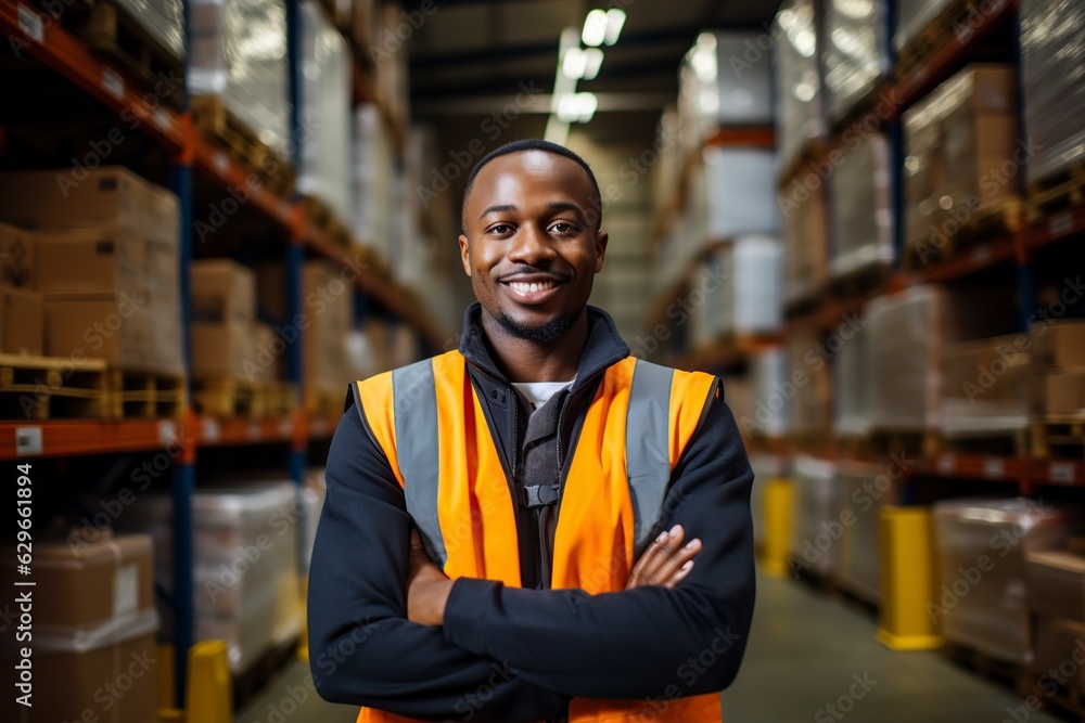 warehouse worker posing at work while smiling at the camera warehouse worker posing at work while smiling at the camera