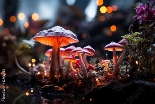 Fantastic multicolored glowing mushrooms in a magical forest, mysterious fabulous night nature wallpaper