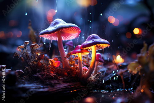 Fantastic multicolored glowing mushrooms in a magical forest, mysterious fabulous night nature wallpaper