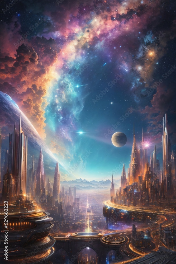 a epic panorama scene vision with epic celestial city galaxy landscape