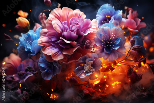 Fantastic glowing flowers on black background, abstract floral wallpaper, magical blooming garden