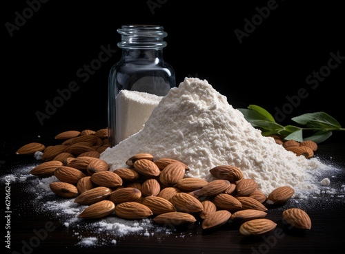 almond flour on a black wooden rustic background. Created with Generative AI technology. photo