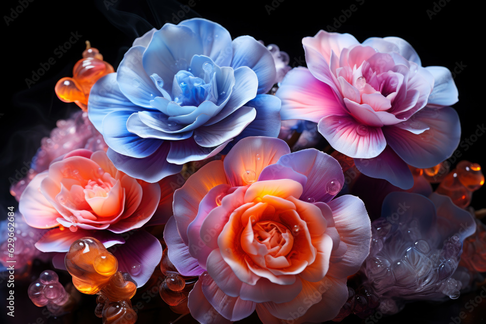 Fantastic glowing flowers on black background, abstract floral wallpaper, magical blooming garden Fantastic glowing flowers on black background, abstract floral wallpaper, magical blooming garden