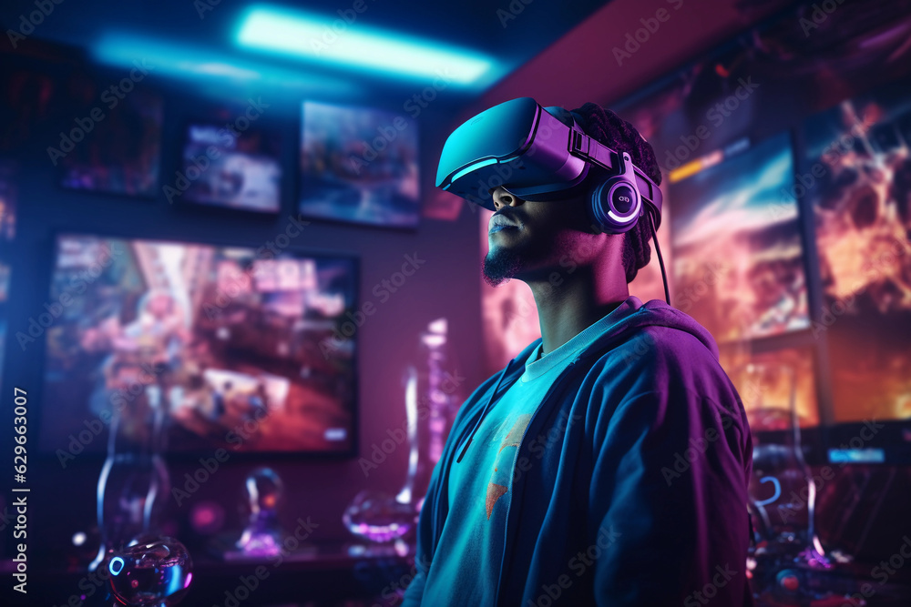 a VR gamer, immersed in a sci - fi world, neon lights, holographic interface, in a cozy gaming room, dramatic side light