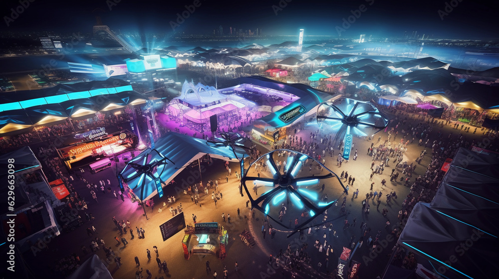 night - time drone shot of a massive gaming event, crowd of gamers, lit up tents, various gaming logos, vibrant colors, cityscape in the background night - time drone shot of a massive gaming event, crowd of gamers, lit up tents, various gaming logos, vibrant colors, cityscape in the background