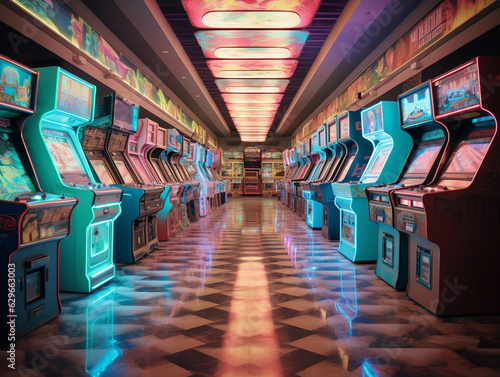 Fotografie, Obraz an old - school arcade, rows of classic gaming machines, neon lights reflecting