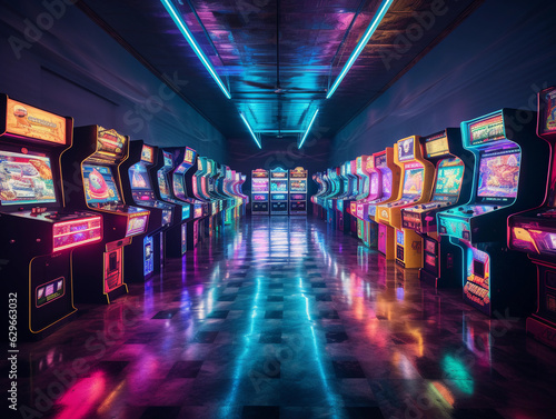an old - school arcade, rows of classic gaming machines, neon lights reflecting off glossy floors, 80's aesthetic