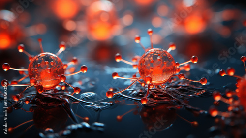 Radiant Menace: Close-Up of a Glowing Red Virus. Generative AI © Sascha